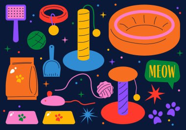 Set, kedi malzemeleri, oyuncaklar, aksesuarlar, ekipmanlar, ürünler, yiyecekler, şirin düz çizgi film şeklinde kâse koleksiyonu. Evcil hayvan dükkanı