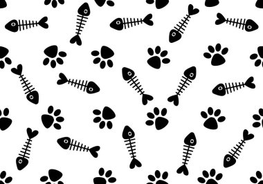Balık kemiğiyle kusursuz desen, kedi pençesi. Vektör balık somonu eşarp tekrarı karikatür resimli döşeme arka planı. Hoş bir doku.
