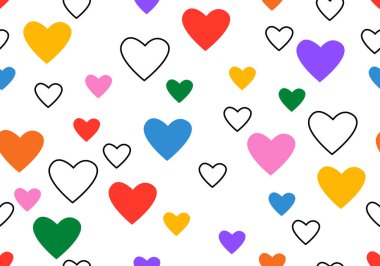 Renkli kalpleri olan kusursuz bir desen. Sevgililer Günü vektör deseni. Kusursuz kalp tasarımı. Renkli kalpleri olan kusursuz vektör deseni. Güzel, pürüzsüz bir desen. Bitmek bilmeyen romantik baskı