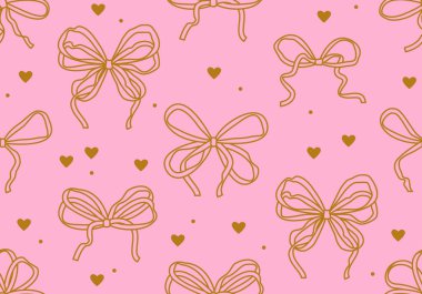 Fiyonklu ve ısıtmalı kusursuz desen. Eğik romantik kıvrımlı, yay ve kalple dekoratif vektör deseni. Yaylı dalgalı bir arka plan. Tebrik kartı, düğün ve doğum günü partisi için antika tasarım