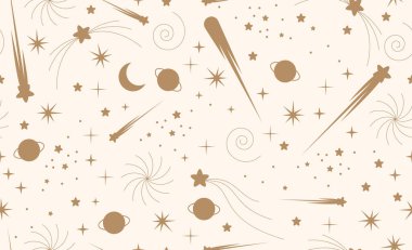 Altın yıldızlı kusursuz desen. El çizimi yıldız dokusu. Gece yıldızlı gökyüzü. Uzay evreni ya da kozmos deseni takımyıldızı, düşen göktaşları, kuyrukluyıldızlar ve parıldayan yıldızlar ışık