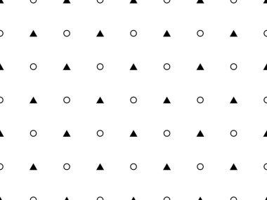 Siyah ve beyaz desenli daireler ve üçgenler. Kusursuz siyah-beyaz, minimum geometrik model vektör arka planı. Duvar kağıtları, şablon dolguları, web sayfası arkaplanları, yüzey dokuları için mükemmel