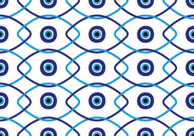 Kem gözlü Türk boncuklu kusursuz desen. İyi şanslar. Türk fayansı. Oryantal sedir tasarımı vektör arka planı. Duvar kağıtları, şablon dolguları, web sayfası arkaplanları, yüzey dokuları, tekstil için mükemmel