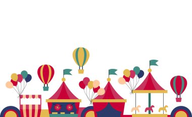 Sirk. Geceleyin eğlence parkı. Karnaval sirk çadırı, atlı karınca ve pamuk şeker standı. Şenlikli eğlence eğlenceleri. Çizgi film vektör illüstrasyonu