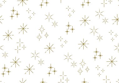 Altın yıldızlı kusursuz desen. Noel, açık arkaplanda altın renkli doğum günü tasarımı. Modern vektör illüstrasyonu. Sevimli el çizimi düz tasarım