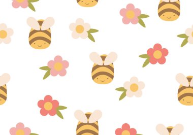 Arılar ve çiçeklerle kusursuz desen. Arılar ve papatyalarla vektör illüstrasyonu