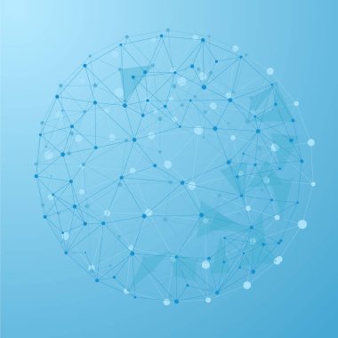 Mavi arkaplandaki nokta ve çizgilerden soyut küre. Ağ bağlantısı yapısı. Büyük veri görselleştirmesi. Noktalardan ve çizgilerden soyut küre, ağ bağlantıları. Gelecekçi teknoloji tarzı