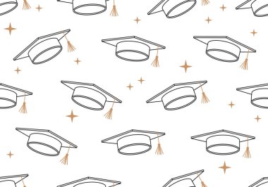 Üniversite için kusursuz bir örnek, kolej eğitimi vektör geçmişi. Mezuniyet şapkalı kusursuz bir model. Mezuniyet şapkalarında altın püsküllü kusursuz vektör deseni