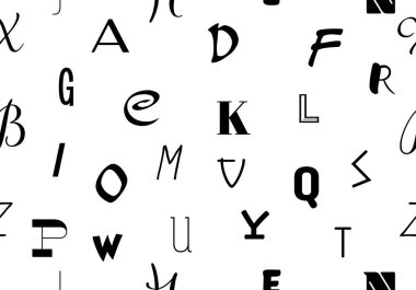 Harflerin vektör illüstrasyonuyla kusursuz desen. Abc 'li doku. Alfabe harfleri soyut, pürüzsüz tekrar kalıplarını şekillendirir. Elle çizilmiş harflerle siyah beyaz desenli.