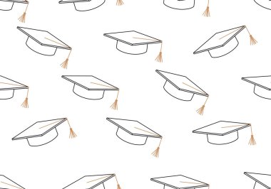 Üniversite için kusursuz bir örnek, kolej eğitimi vektör geçmişi. Mezuniyet şapkalı kusursuz bir model. Mezuniyet şapkalarında altın püsküllü kusursuz vektör deseni
