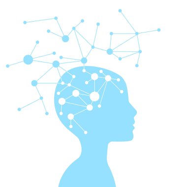 Sinir ağlı bir insansı kafa, gelecekteki teknolojiyi ve yapay zekayı temsil ediyor. Devre kartından yapılmış dijital bir beyin ve insan kafasının grafiği.