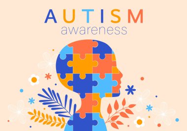 World autism awareness day. Colorful puzzles with flowers and leaves vector background. Symbol of autism. Medical flat illustration. Health care