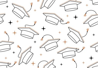 Üniversite için kusursuz bir örnek, kolej eğitimi vektör geçmişi. Mezuniyet şapkalı kusursuz bir model. Mezuniyet şapkalarında altın püsküllü kusursuz vektör deseni