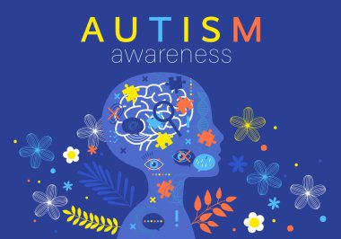 World autism awareness day. Colorful puzzles with flowers and leaves vector background. Symbol of autism. Medical flat illustration. Health care