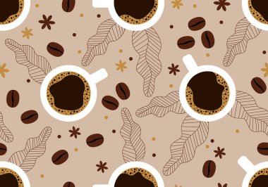 Kusursuz desenli, modaya uygun bir fincan sıcak kahve. Kafe için tasarım. Kahve fincanları pürüzsüz. Kahve kafesi karikatür desenli içki içer.