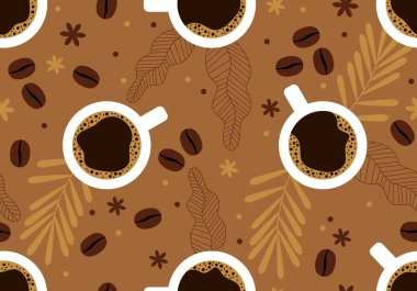 Kusursuz desenli, modaya uygun bir fincan sıcak kahve. Kafe için tasarım. Kahve fincanları pürüzsüz. Kahve kafesi karikatür desenli içki içer.