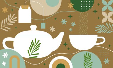 Tea Vector Illustration seti. Bir fincan çay, çay poşeti, yeşil çay, çaydanlık, çay poşeti. Hazırlık. Sıcak içecek geçmişi. Bira yapıyorum. Vektör seti