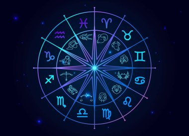 Astroloji burç çemberi ve burç işaretleri vektör arka planı. Zodyak işaretli çark Koç, Taurus, Gemini, Kanser, Leo, Başak, Terazi, Akrep, Yay, Oğlak, Kova ve Balık burcu