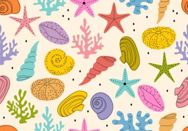 Deniz kabuklarıyla kusursuz desen. Tropik sualtı yumuşakçaları çizimi