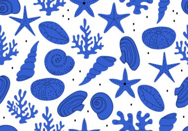 Deniz kabuklarıyla kusursuz desen. Tropik sualtı yumuşakçaları çizimi