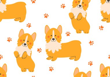 Komik portakallı corgi vektör illüstrasyonlu kusursuz desen. Hoş bir doku. Havalı köpek eti çorbası. Çizgi film köpek arka planı