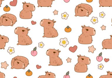 Şirin ve komik Capybara karakterli kusursuz bir desen. Tatlı Capybara hayvan karakteri kemirgeni. Vektör çizimi. Sevimli hayvanlar çizgi filmlerde kusursuz arka plan, doku, arkaplan