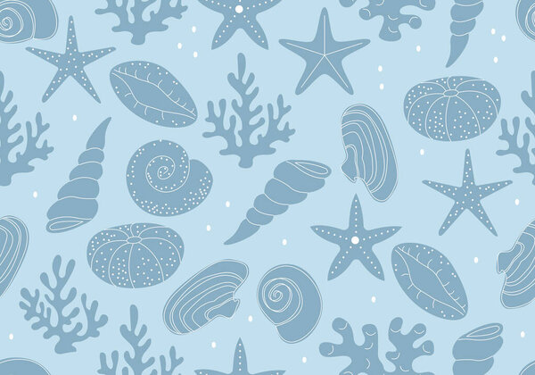 Seamless pattern with seashells. Tropical underwater mollusk shells illustration