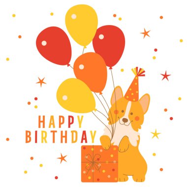 İyi ki doğdun! Köpek corgi ve balon, hediye kutusu, şapka. Tatil tasarımı. Doğum günü geçmişi. Vektör illüstrasyonu