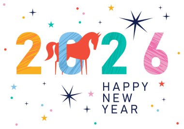 Çin takvimine göre 2026 yılının sembolü At ile vektör illüstrasyonu. Kutlama kartları, posterler, afişler için hayvanlı baskı tasarımı. At Yılı. Mutlu Çin Yeni Yılı