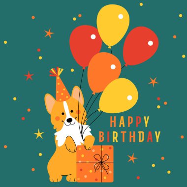 İyi ki doğdun! Köpek ve balon, hediye kutusu, şapka. Tatil tasarımı. Doğum günü geçmişi. Vektör illüstrasyonu
