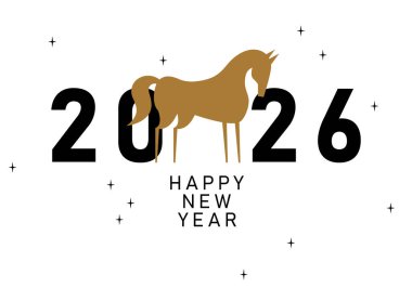 Çin takvimine göre 2026 yılının sembolü At ile vektör illüstrasyonu. Kutlama kartları, posterler, afişler için hayvanlı baskı tasarımı. At Yılı. Mutlu Çin Yeni Yılı