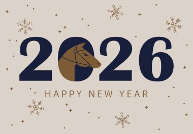 Çin takvimine göre 2026 yılının sembolü At ile vektör illüstrasyonu. Kutlama kartları, posterler, afişler için hayvanlı baskı tasarımı. At Yılı. Mutlu Çin Yeni Yılı