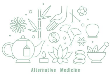 Alternatif tıp. Çin ilacı. Sağlık, yoga, zen konsepti. Düz stil. Holistik merkez, naturopatik, homeopati, akupunktur, ayurveda, Çin tıbbı, kadın sağlığı