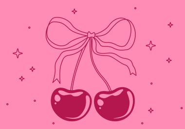 Y2k estetik fiyonk cinsel ilişki tasarımı. Fiyonklu Coquette Cherry. Karalama çizgisi, modaya uygun kız çileği, Sevgililer Günü için romantik meyve süsü ve davetiye şablonları. Klasik zarif vektör illüstrasyonu