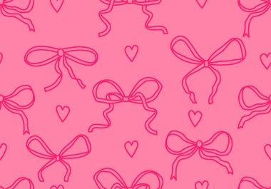 Fiyonklu ve ısıtmalı kusursuz desen. Eğik romantik kıvrımlı, yay ve kalple dekoratif vektör deseni. Pembe fiyonklu dalgalı bir arka plan. Tebrik kartı, düğün ve doğum günü partisi stoku için klasik retro tasarımı