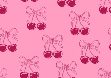 Fiyonklu ve kirazlı kusursuz desen. Yaylı ve vişneli modaya uygun romantik kıvırcık desenli. Pembe fiyonklu dalgalı bir arka plan. Tebrik kartı, düğün ve doğum günü partisi için antika tasarım