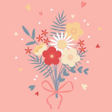 Bir buket çiçek. Vektör çizimi. Çiçek açan çiçek buketi ve fiyonk. Buket ve Coquette Bow Dekoratif Çiçek Tasarımı. Sevgililer Günü için çiçek açan Pembe ve Kırmızı Çiçekler, Womn Günü, Anneler Günü, Gelin. Şirin Çiçek