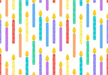 Doğum günü mumları kusursuz desen. Hediyeler ve hediyeler paket kağıdı. Kutlama, tebrik kartı arkaplanı. Renkli mumlar