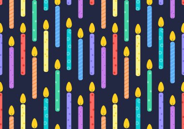 Doğum günü mumları kusursuz desen. Hediyeler ve hediyeler paket kağıdı. Kutlama, tebrik kartı arkaplanı. Renkli mumlar