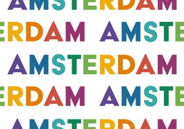 Amsterdam 'da kusursuz bir düzen var. AMSTERDAM renkli vektör tipografi arkaplanı