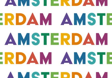Amsterdam 'da kusursuz bir düzen var. AMSTERDAM renkli vektör tipografi arkaplanı