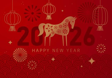 Mutlu Çin Yeni Yılı 2026. At, 2026 Çin Yeni Yılı 'nın bir sembolüdür. Geometrik biçimdeki Atın Şekli