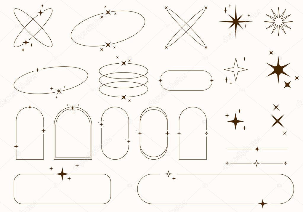 Modern minimalist aesthetic line elements, trendy linear frames with stars, arch frames, geometric forms