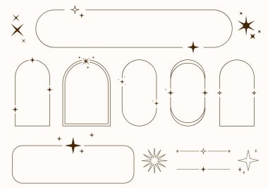 Y2k elementli ve auralı estetik çerçeveler. Modern minimalist estetik çizgi elementleri, yıldızlı trend doğrusal çerçeveler, kemer çerçeveler, geometrik formlar. Boho biçiminde dekoratif vektör çerçeveleri kümesi