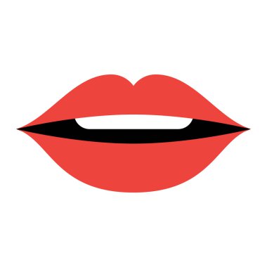 Dudak simgesi vektör illüstrasyonu. Kırmızı Dişi Dudaklar ikonu. Ruj makyajı. Seksi dudaklar. Kadın Ağız. Beyaz diş. Gülümse Öpücük şekli. Moda güzellik stili. Düz tasarım