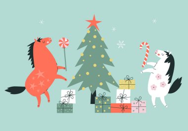 Kırmızı ateş atları, Çin Yeni Yıl 2026 'nın sembolü. Noel ağacı olan bir at, At Yılı