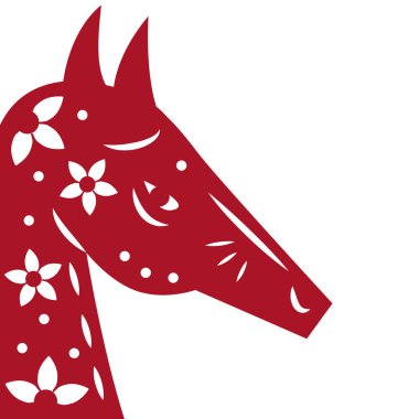 Çiçek desenli kırmızı at. 2026 yılının sembolü. Vektör illüstrasyon hisse çizimi