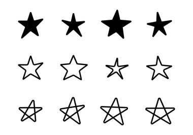 El çizimi yıldızlar hazır. Star Doodles koleksiyonu. Soyut siyah unsurlar. Çizgi film tarzıyla Doodle yıldız çizimi