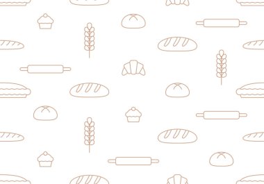 Ekmek, pasta, kruvasan ve pastayla kusursuz desen. Fırın elementleriyle kusursuz desen. Ekmek ve fırın ürünlerinin kusursuz deseni. Pişmiş mallar. Vektör illüstrasyonu