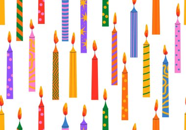 Doğum günü pastası için mum desenli kusursuz desen. Pasta dekorasyonu için renkli tatil mumları. Tatil partisi için parlak aksesuarlar. Vektör illüstrasyonu
